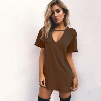 Summer Sexy Mini Black Dress 2026 V Neck Cut Out Loose Dress Women Elegant Short Sleeve Club Party Dress Solid Color Streetwear