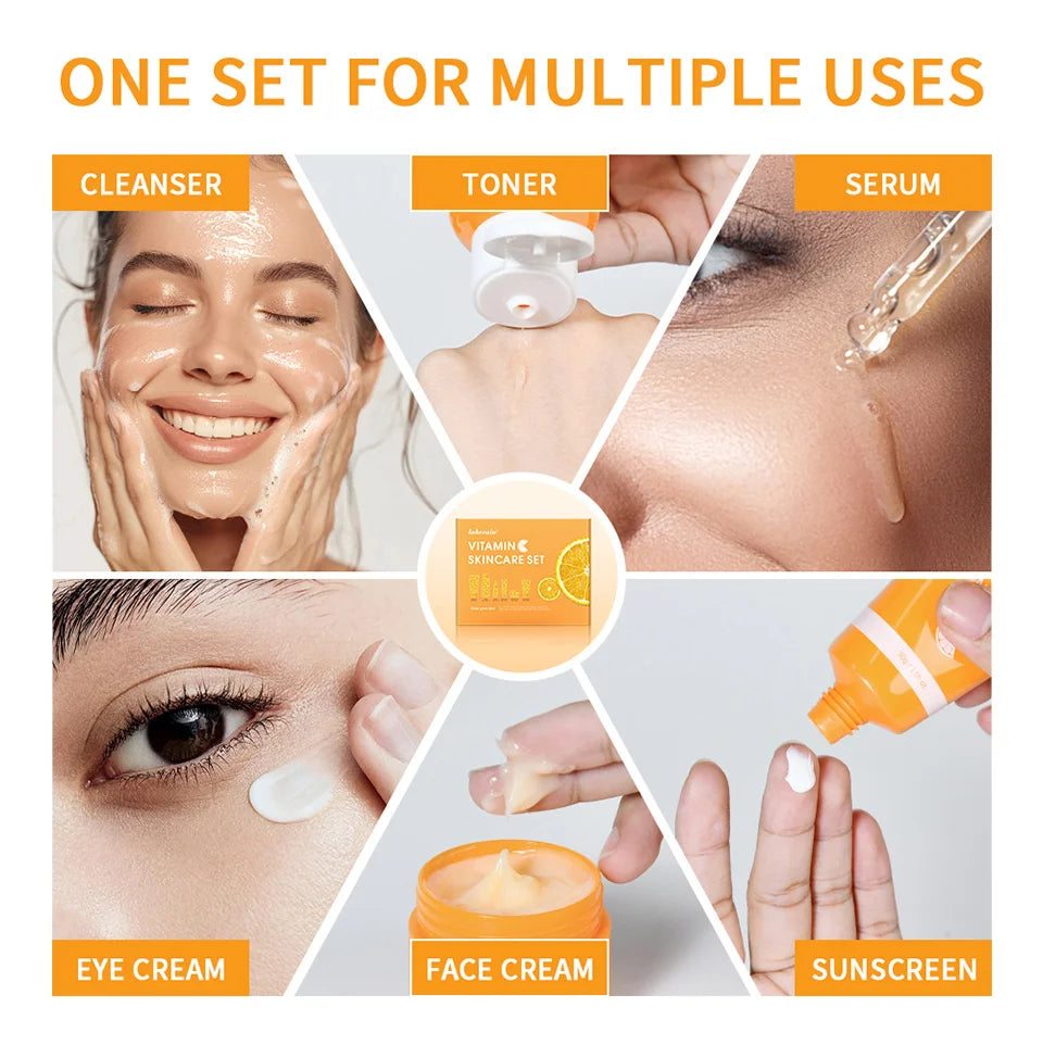 6pcs/set Vitamin C Skin Care Set Deep Cleansing Facial Cleanser Face Cream Moisturizing Anti Wrinkles Face Care Kit Gift Box