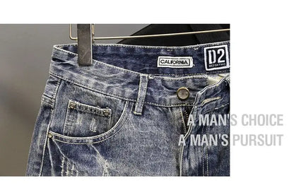Korean Luxury Clothing Men's Summer Denim Knee Length Shorts 2025 Fashion Designer Ripped Hole Cowboy Korean Slim Short Pants