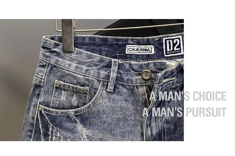 Korean Luxury Clothing Men's Summer Denim Knee Length Shorts 2025 Fashion Designer Ripped Hole Cowboy Korean Slim Short Pants