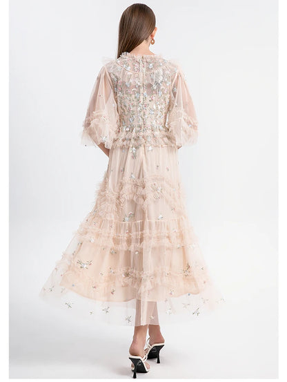 Runway Luxury Long Dresses Women 2025 Summer Holiday Embroidery Flower Ruffles Midi Party Evening Dress Lady Prom Vestidos