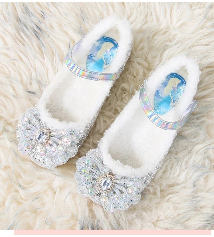 Disney Autumn Fashion Pearl Bow Rhinestone Frozen Elsa Princess Girl Shoes Flat Kids Princess Warm Winter Shoes Size 23-36