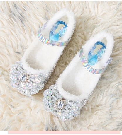 Disney Autumn Fashion Pearl Bow Rhinestone Frozen Elsa Princess Girl Shoes Flat Kids Princess Warm Winter Shoes Size 23-36