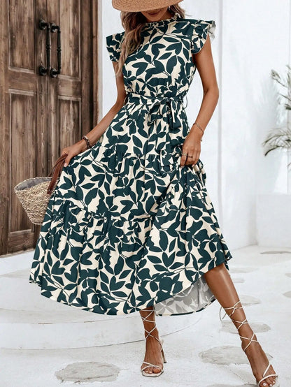 Elegant Women's Flower Midi Dress New Summer Fashion Stand Collar Flying Sleeve Lace Up Dress Casual Beach Holiday Dresses Robe