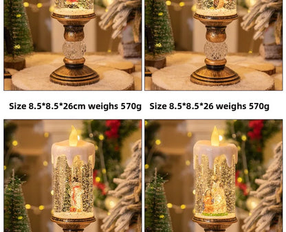 Christmas decorations: candles, crystal lights, cartoon snowflakes, birthday and Christmas gifts, scene setups