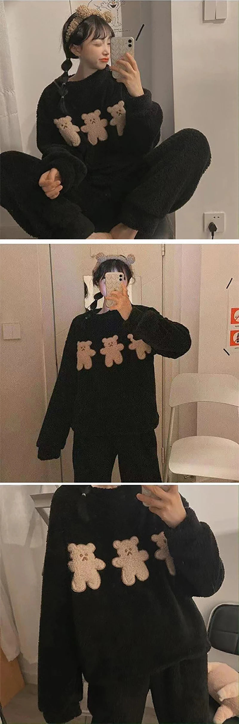 Women's Winter Pajamas Set Fleece Casual Solid Top Thick Warm Sleepwear and Plaid Pants Soft Pijamas Set for Women Home Suit