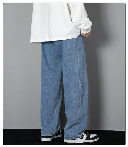 2026 New Korean Men's Casual Long Jeans Classic Man Straight Denim Wide-leg Pants Solid Color Light Blue Grey Black 3XL