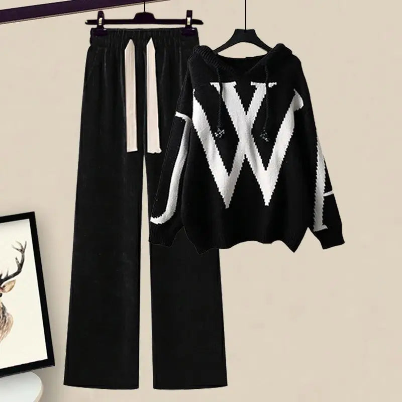Autumn/Winter Women's Set 2026 New Korean Edition Casual Sweater Waist Cinching and Slimming Wide Leg Pants Two-piece Set