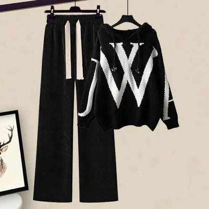 Autumn/Winter Women's Set 2026 New Korean Edition Casual Sweater Waist Cinching and Slimming Wide Leg Pants Two-piece Set