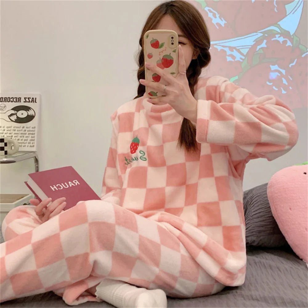 Autumn Winter Kawaii Cartoon Pajama Sets Women Pajamas Plaid Flannel Long Sleepwear Girl Pajama Night Suits Home wear PJ Suit
