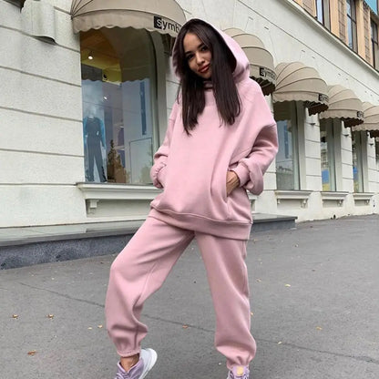 2 Pcs/Set Chic Two Pieces Set Winter Hoodie Pants Set Solid Color Casual Deep Crotch Autumn Tracksuit Keep Warm