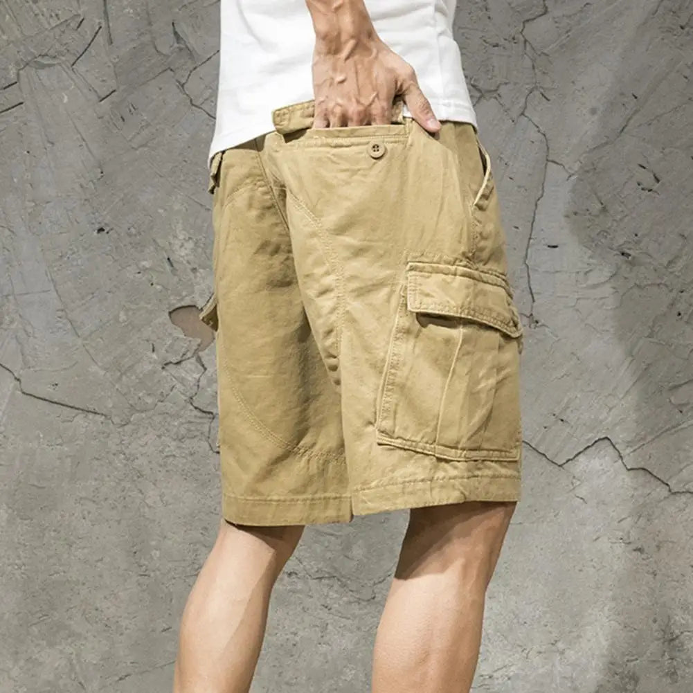 Multi Pockets Button Flying Summer Shorts Mid Rise Solid Color Straight Cargo Shorts Streetwear