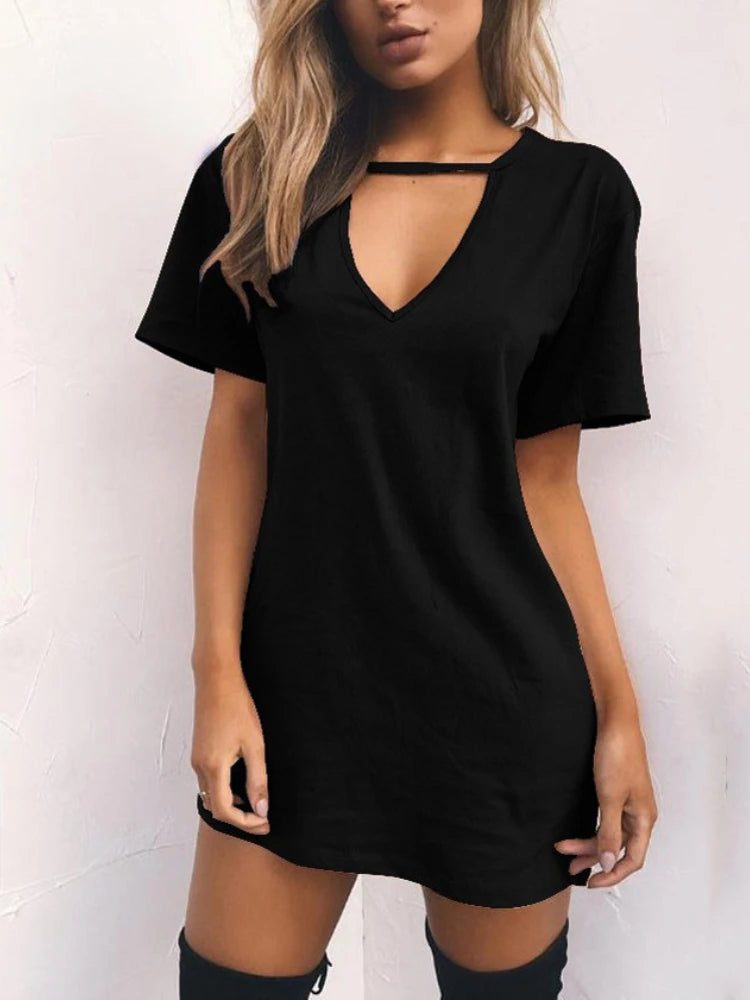 Summer Sexy Mini Black Dress 2026 V Neck Cut Out Loose Dress Women Elegant Short Sleeve Club Party Dress Solid Color Streetwear