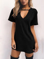 Summer Sexy Mini Black Dress 2026 V Neck Cut Out Loose Dress Women Elegant Short Sleeve Club Party Dress Solid Color Streetwear