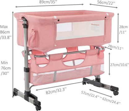 Baby Bassinet, Bedside Sleeper with Wheels, Height Adjustable, for Infant/Baby/Newborn Girls & Boys 0-6 Months, Pink