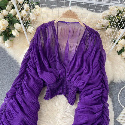 Women Sexy Chiffon Short Blouse Female See Through Super Long Sleeve Purple/Green/Black/White Folds Party Tops 2026 New