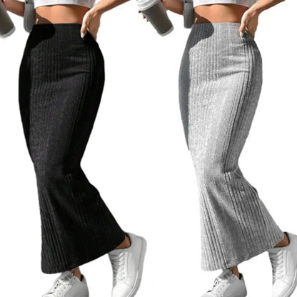 Solid Bodycon Ruched Knitted Long Skirt Women Sexy Black Elastic Elegant High Waist Mermaid Sheath Maxi Skirts Summer Streetwear