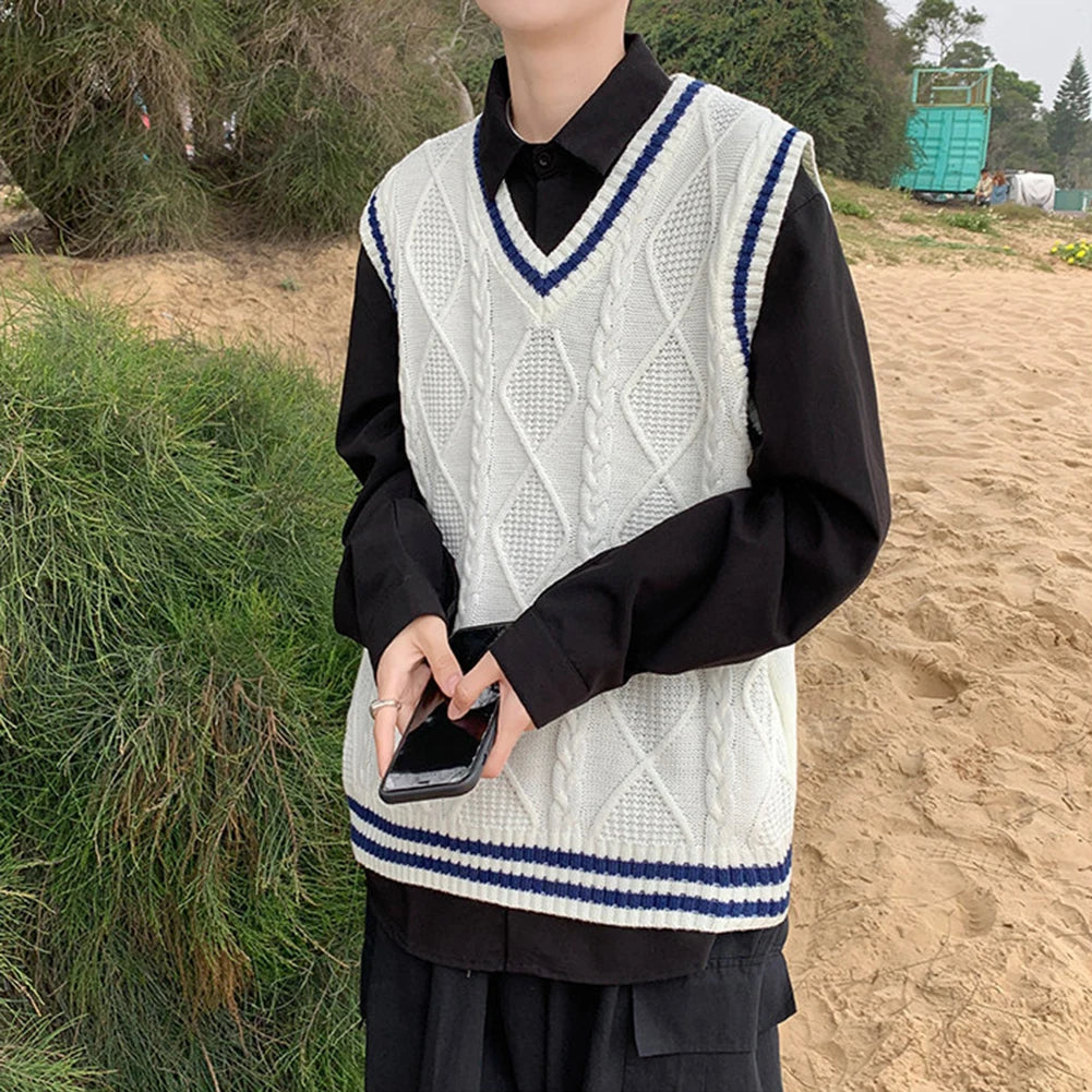 Men's Classic Contrast Color Thermal V-Neck Comfortable Cardigan Sleeveless Slight Stretch Solid Vest Simple Loose Waistcoat Tops