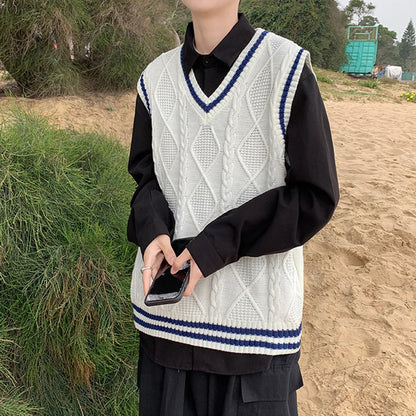Men's Classic Contrast Color Thermal V-Neck Comfortable Cardigan Sleeveless Slight Stretch Solid Vest Simple Loose Waistcoat Tops