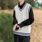Men's Classic Contrast Color Thermal V-Neck Comfortable Cardigan Sleeveless Slight Stretch Solid Vest Simple Loose Waistcoat Tops