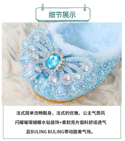 Disney Autumn Fashion Pearl Bow Rhinestone Frozen Elsa Princess Girl Shoes Flat Kids Princess Warm Winter Shoes Size 23-36