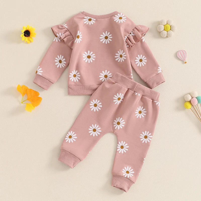 2026 Lorrainian Toddler Girl Fall Outfit Daisy Print Long Sleeve Sweatshirt with Elastic Waist Pants 2 Pcs Set