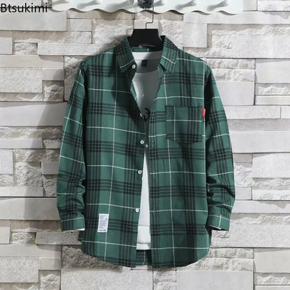 Spring New Korean Style Plaid Shirts Men's Handsome Long-sleeved Loose Casual All-matching Shirt Coats 2026 Trend Men's Clothing