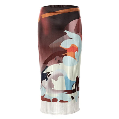 Women Vintage Art Print Ribbed Y2K Midi Skirt Elegant Bodycon Long Skirt Harajuku Wild Bottoms Harajuku Slim Fit Party Skirt