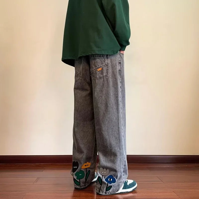 New Men's Y2K Flower Printed Baggy Jeans 2026 Streetwear American Casual Denim Wide-leg Pants Hombre Vintage Straight Trousers