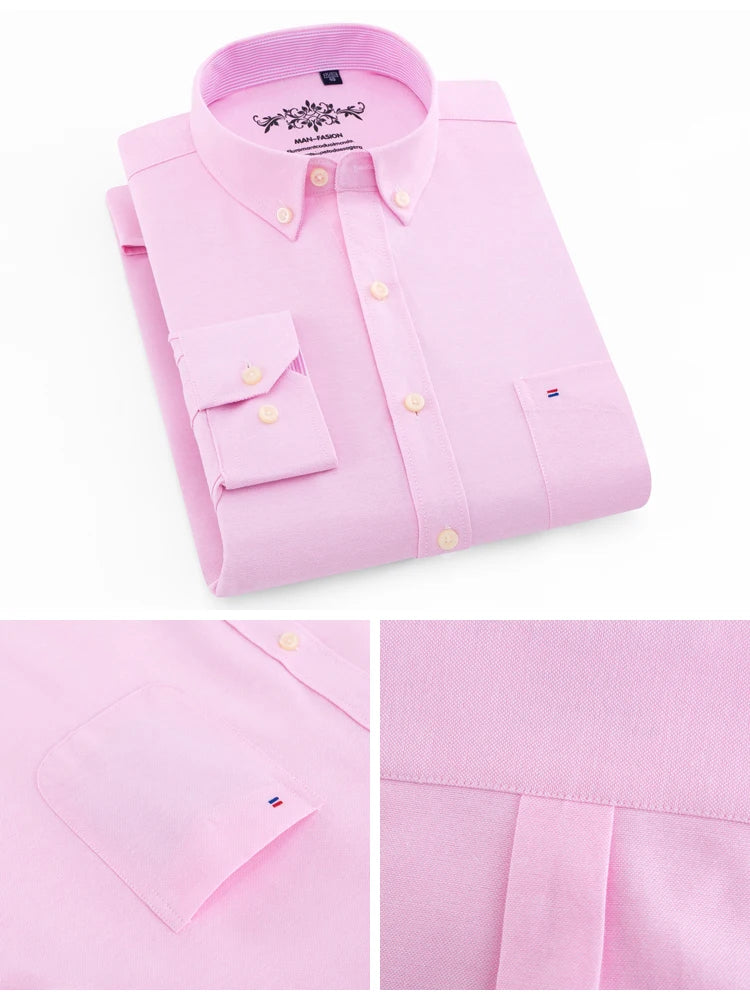 Men's Long Sleeve Oxford Plaid Striped Casual Shirt Front Patch Chest Pocket Regular-fit Button-down Collar Thick Work Shirts