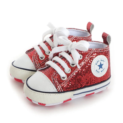 Baby Shoes Bling Canvas Infant Baby Girls Shoes Lace-up Comfortable Boy Sneaker Soft Sole Anti-slip Toddler First Walkers
