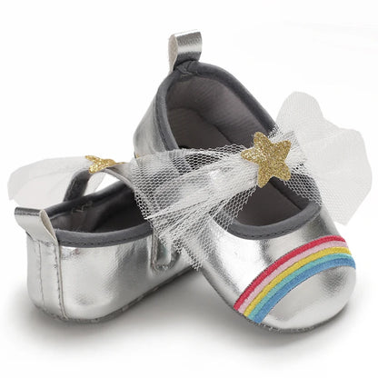 Cute 0-18M Spring Newborn Silver Baby Shoes Non Slip Cloth Bottom Girl Shoes Elegant Breathable Casual Baby First Walking Shoes