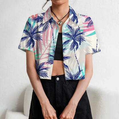 Women's Lapel Button Tank Tops Shirts Summer Casual Short Sleeve Shirts 3D Cherry Printed Women's Clothing Navel Exposed Shirts
