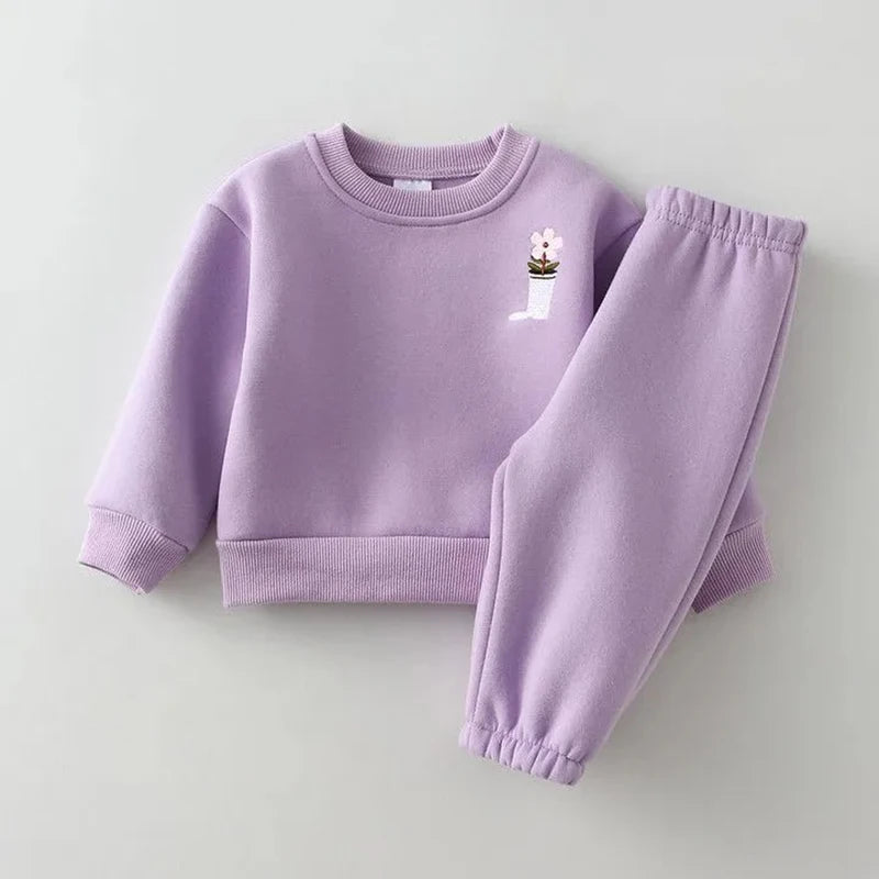 2Pcs Spring Winter Baby Girl Boy Clothes Set Embroidery Thicken Fleece Warm Sweatshirt Pant Boy Tracksuit Toddler Clothes Outfit