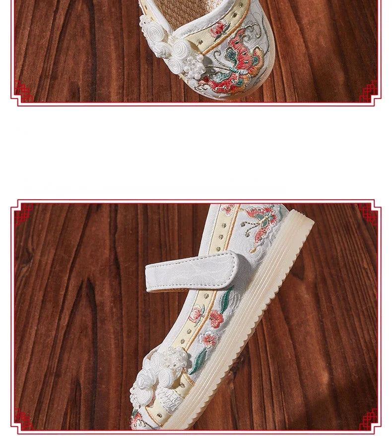 Kids Hanfu Shoes Sweet Embroidery Flower Girl Princess Shoes Fashion Chinese Ancient Style Children's Causal Flat Cloth Shoes