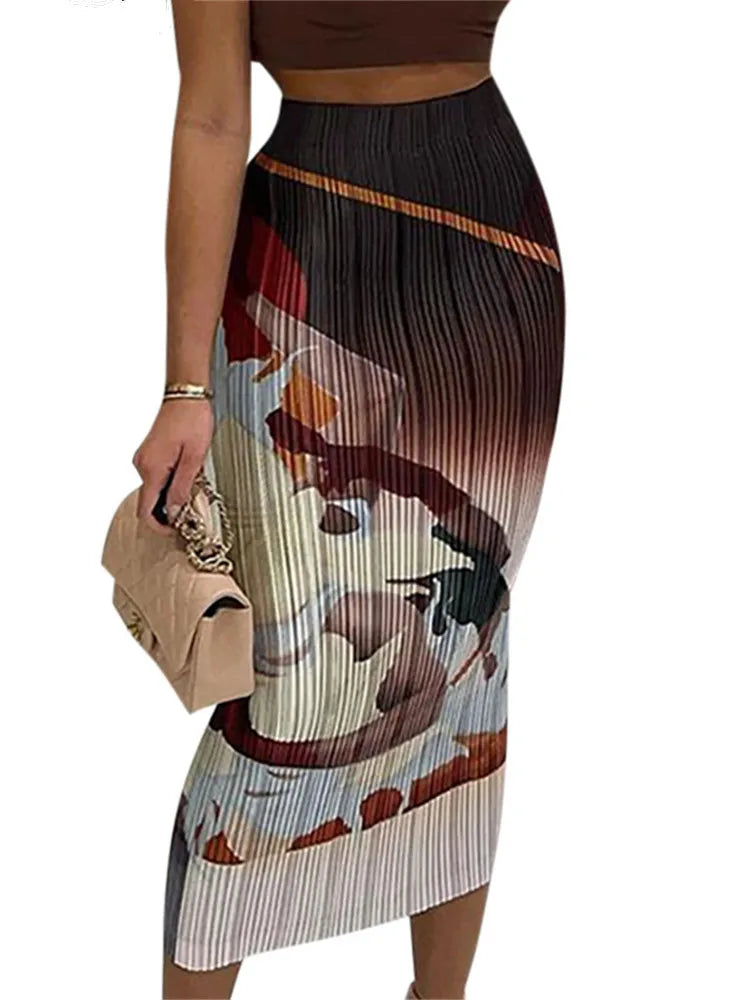Women Vintage Art Print Ribbed Y2K Midi Skirt Elegant Bodycon Long Skirt Harajuku Wild Bottoms Harajuku Slim Fit Party Skirt