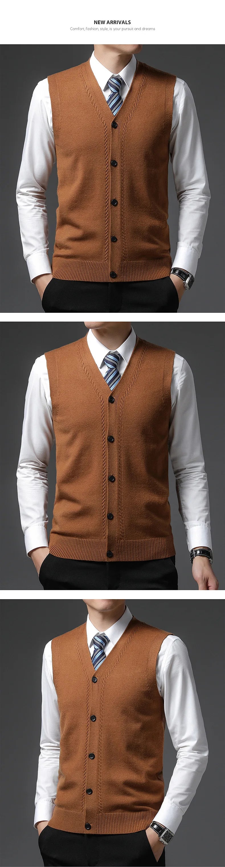 2026 Men's New Autumn and Winter Vest Young Casual Warm Knit Sleeveless Base Shirt Solid Color Jacquard Cardigan Vest