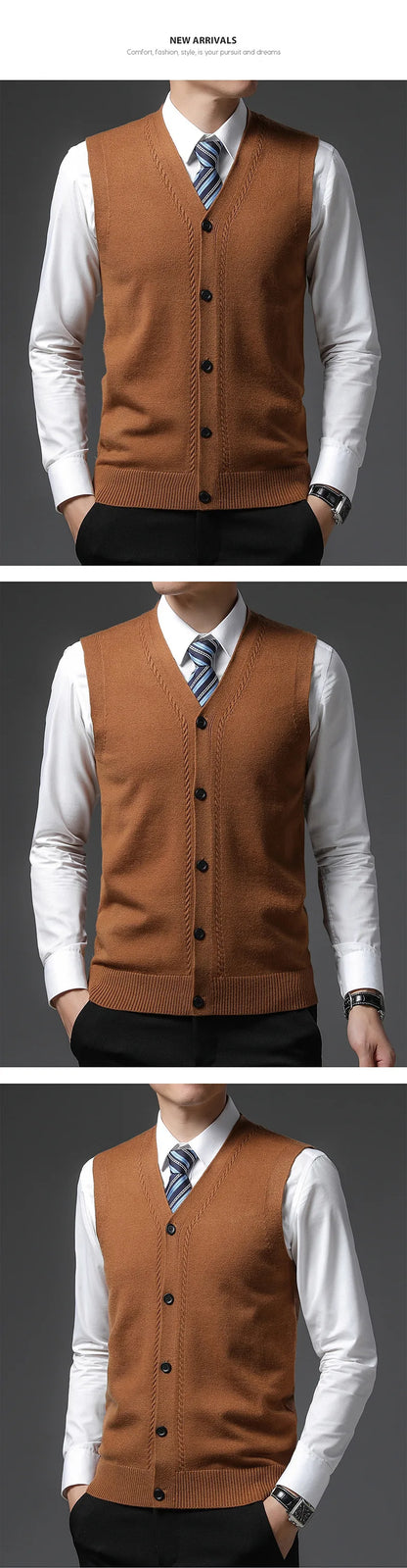 2026 Men's New Autumn and Winter Vest Young Casual Warm Knit Sleeveless Base Shirt Solid Color Jacquard Cardigan Vest