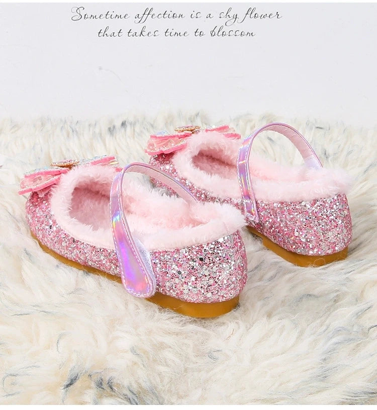 Disney Autumn Fashion Pearl Bow Rhinestone Frozen Elsa Princess Girl Shoes Flat Kids Princess Warm Winter Shoes Size 23-36