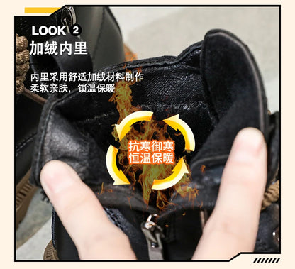 Kid's Winter Cotton Boots Plus Velvet Thickening Water Proof Retro Black Trendy All-match Leather Casual Boys Girls Ankle Boot