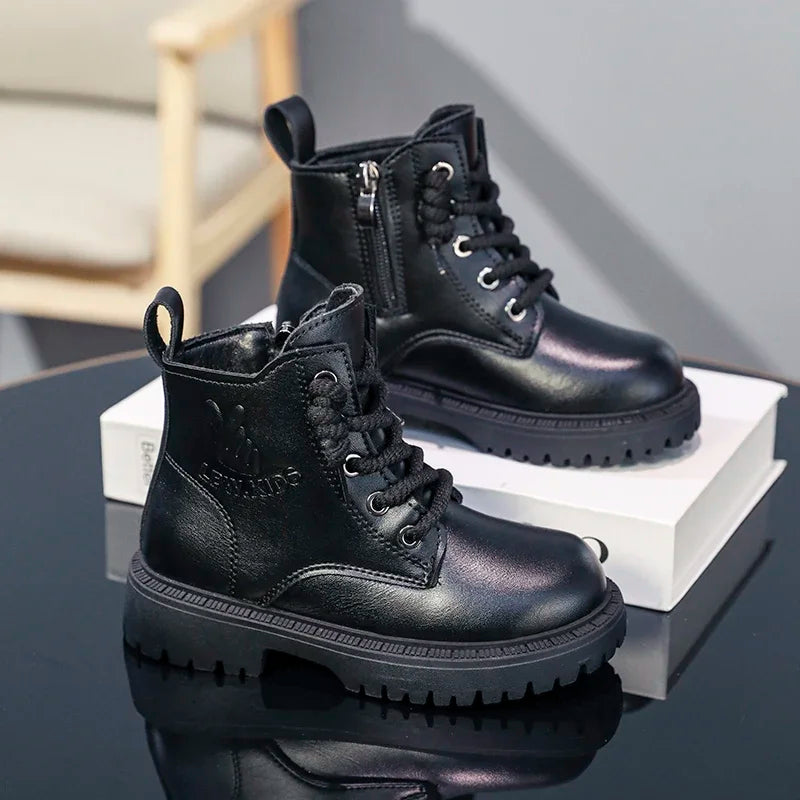 Kid's Winter Cotton Boots Plus Velvet Thickening Water Proof Retro Black Trendy All-match Leather Casual Boys Girls Ankle Boot