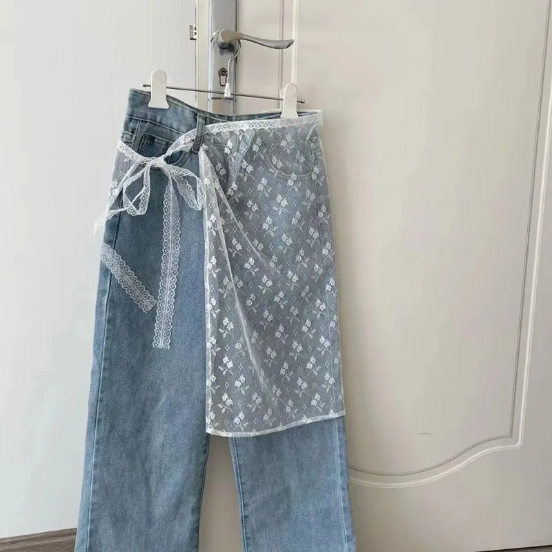 New Fashion Lace Layered Gauze Skirt with Tie Up Spicy Girl Stacked Skirt Y2k Streetwear Apron Wrap Skirt Lace Up Matching Pants