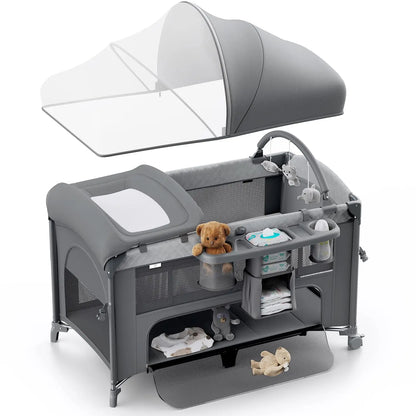 4 in 1 Baby Bassinet, Pack and Play, Bedside Crib Sleeper, Diaper Changer - Comes with Mattress, Mosquito Net Bottom Storage