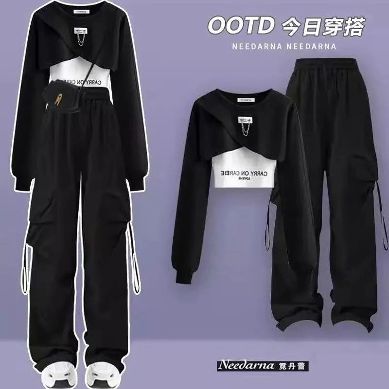 Spring and Autumn Set Women's 2026 Korean Loose Fashion Top Casual Work Pants Age Reducing Three Piece Set
