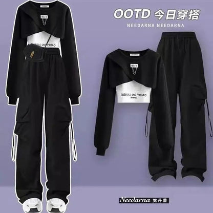Spring and Autumn Set Women's 2026 Korean Loose Fashion Top Casual Work Pants Age Reducing Three Piece Set