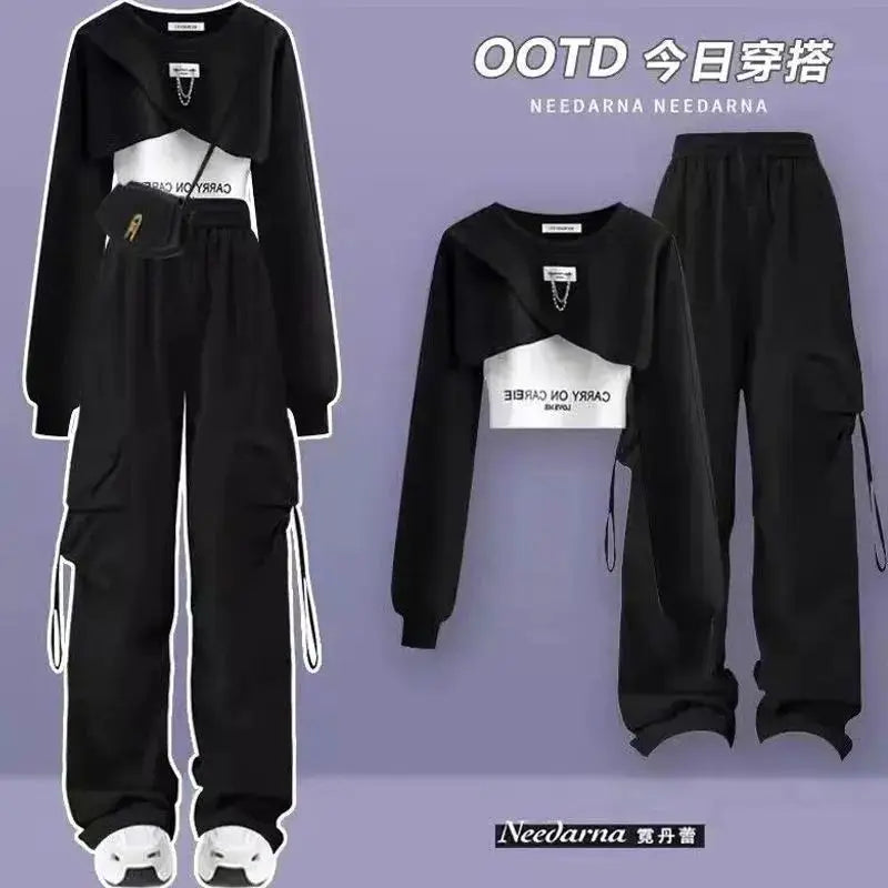 Spring and Autumn Set Women's 2026 Korean Loose Fashion Top Casual Work Pants Age Reducing Three Piece Set