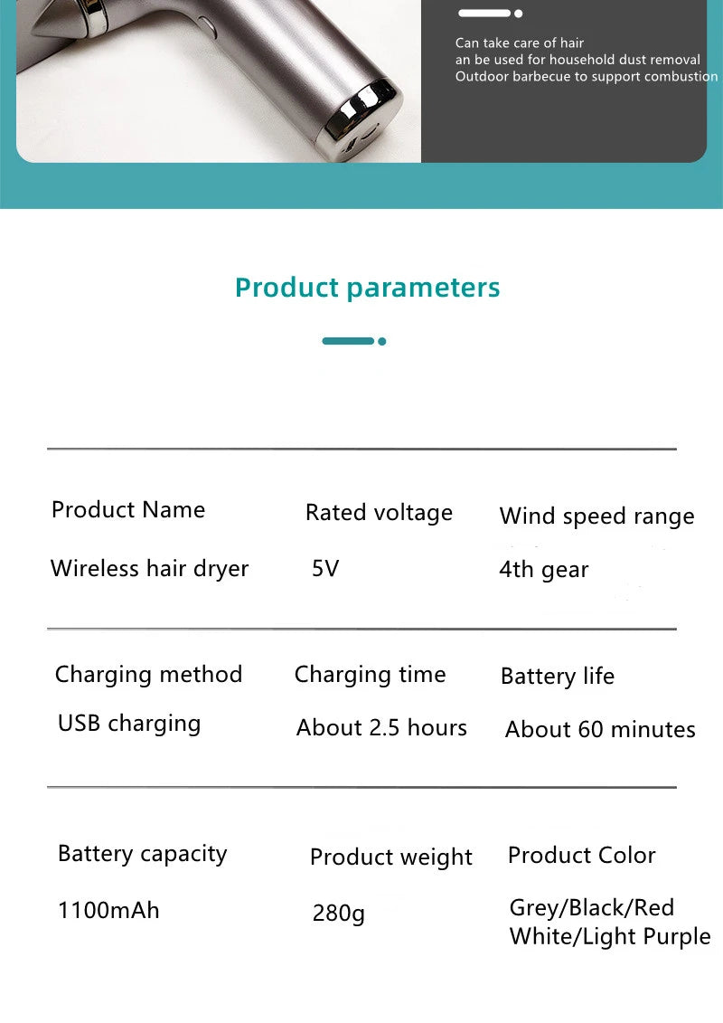 Wireless Hair Dryer Multifunctional  Air Duster Blower Travel Portable USB Rechargeable Negative Ions Blow Dryer