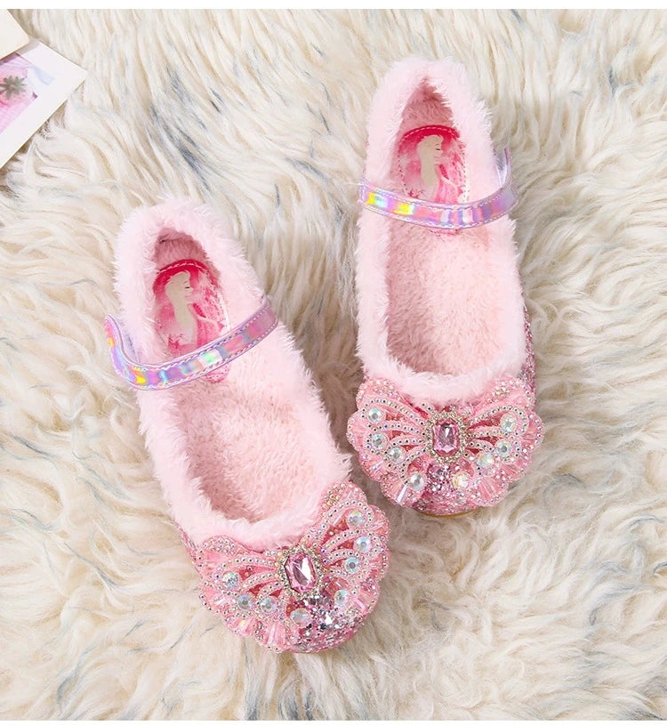 Disney Autumn Fashion Pearl Bow Rhinestone Frozen Elsa Princess Girl Shoes Flat Kids Princess Warm Winter Shoes Size 23-36