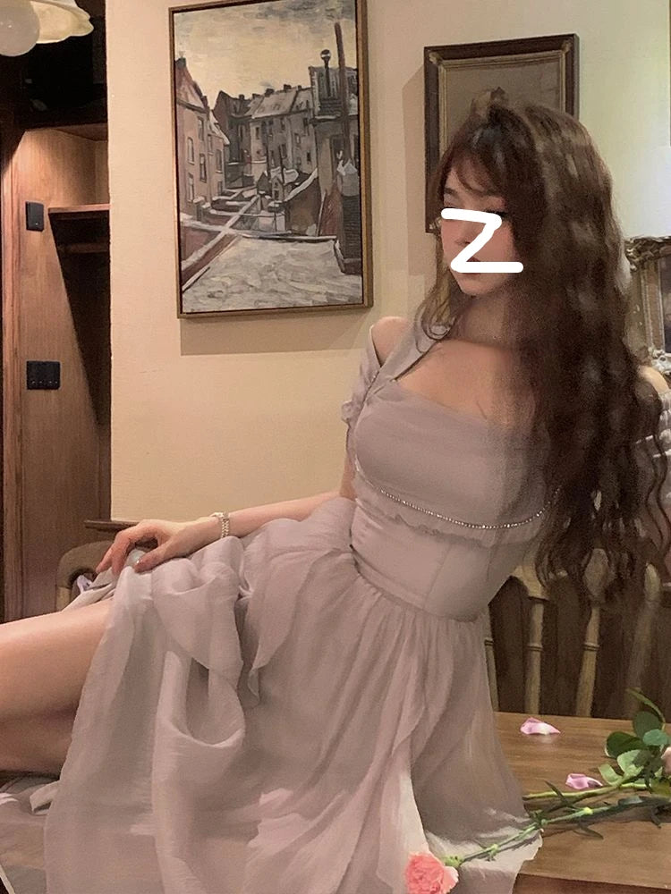 Korean Casual Midi Dress for Women 2026 New Summer Fashion Elegant Off The Shoulder Folds Ruffle Female Clothes Birthday Dress