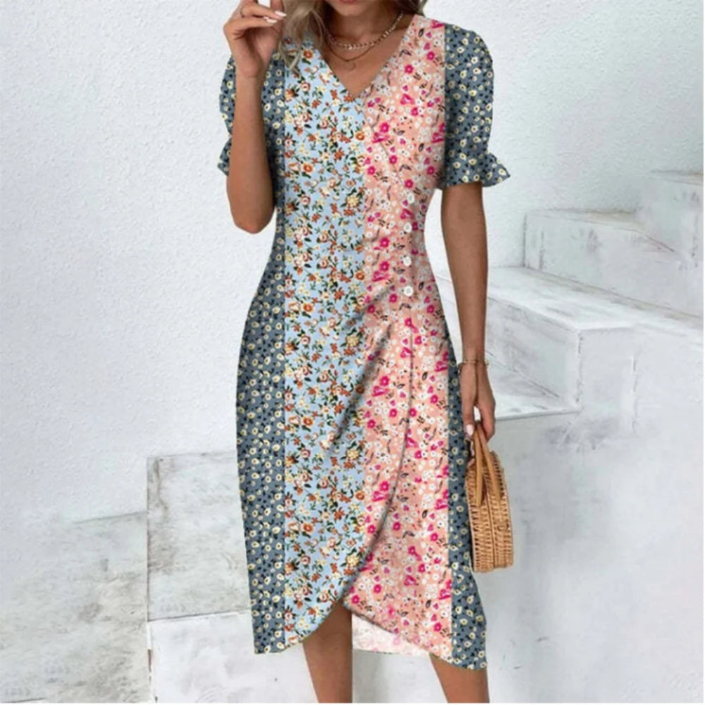 Elegant Ladies Midi Dress Geometric Button Split Dress Платья Vestidos Medievales Para Mujer De Verano Elbiseler Jurken Dames
